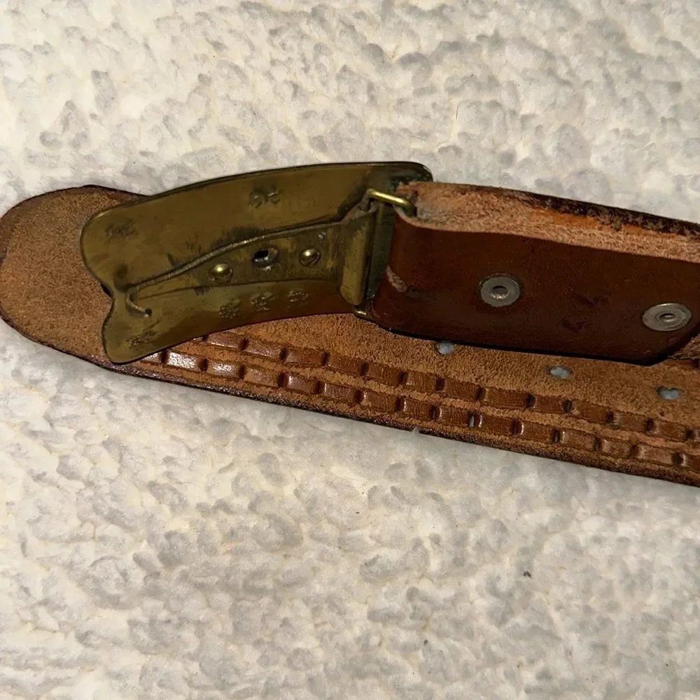 Vintage 44 Brown Gold Tone Buckle Tooled Braided Leather Belt x RED Embossed